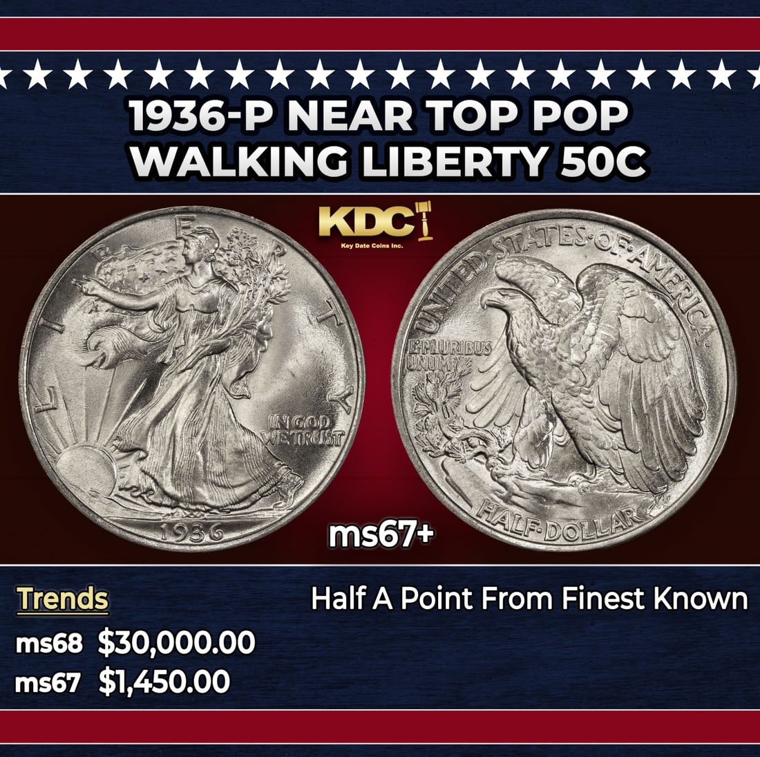 1936-p Walking Liberty Half Dollar Near Top Pop 50c ms67+ SEGS: 1936-p Near Top Pop Walking Liberty Half Dollar 50c ms67+ SEGS. Historic precious metal trends is causing increased spot pricing by the day. On auctions with set openings, we are doing our best to hav