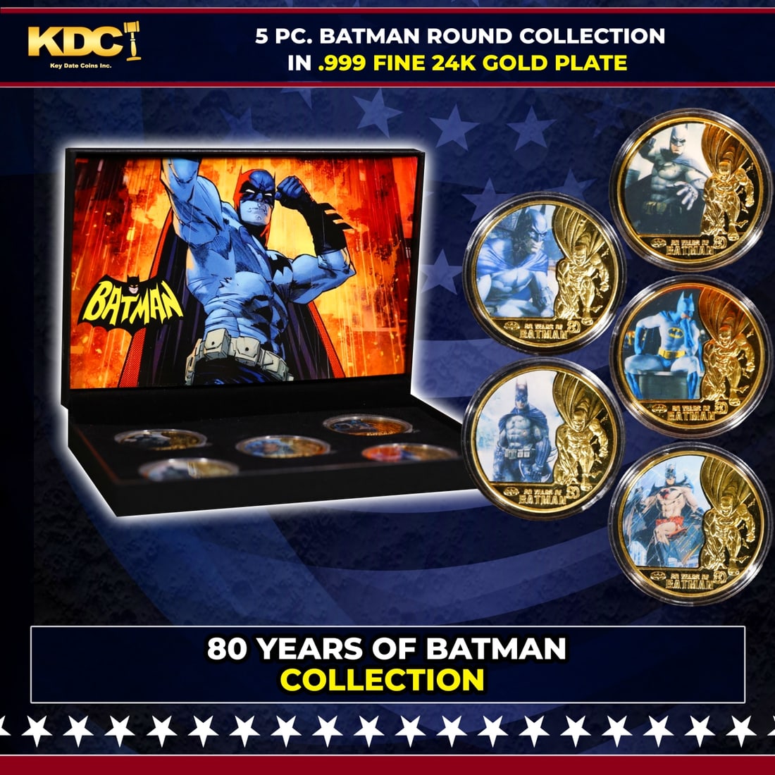 5 Coin Batman Through The Ages Gold Plated Round Collection 80 Years Of Batman: 5 Coin Batman Through The Ages Gold Plated Round Collection 80 Years Of Batman. 5 Pc. Batman Gold Plated Round Collection. This set contains 5 rounds made up of .999 Fine Gold Plate from The 80 Years 