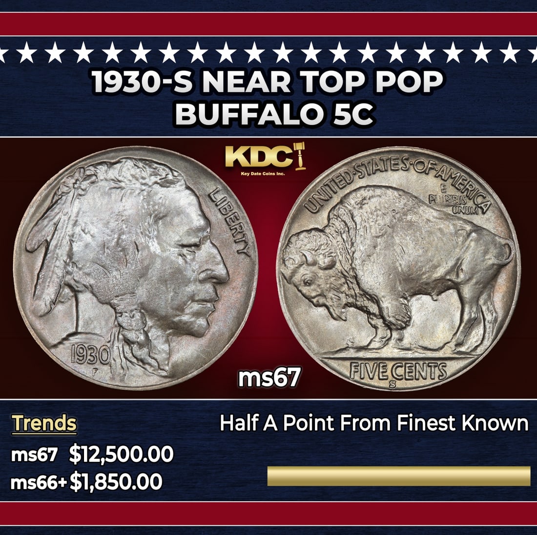 1930-s Buffalo Nickel Near Top Pop 5c ms67 SEGS: 1930-s Near Top Pop Buffalo Nickel 5c ms67 SEGS. Historic precious metal trends is causing increased spot pricing by the day. On auctions with set openings, we are doing our best to have items priced 