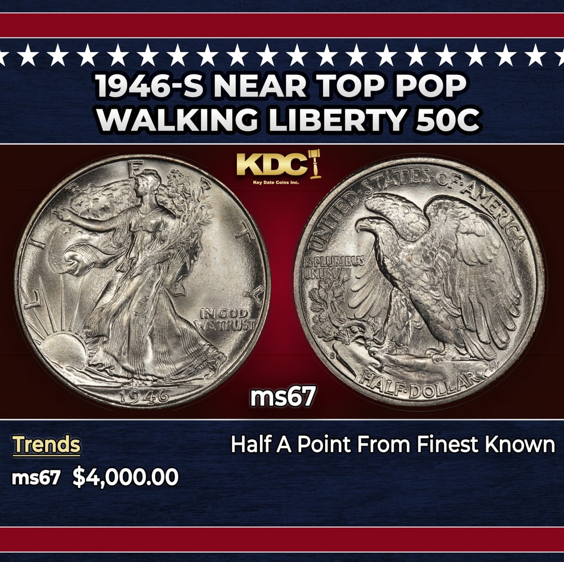 1946-s Walking Liberty Half Dollar Near Top Pop 50c ms67 SEGS: 1946-s Near Top Pop Walking Liberty Half Dollar 50c ms67 SEGS. Historic precious metal trends is causing increased spot pricing by the day. On auctions with set openings, we are doing our best to have