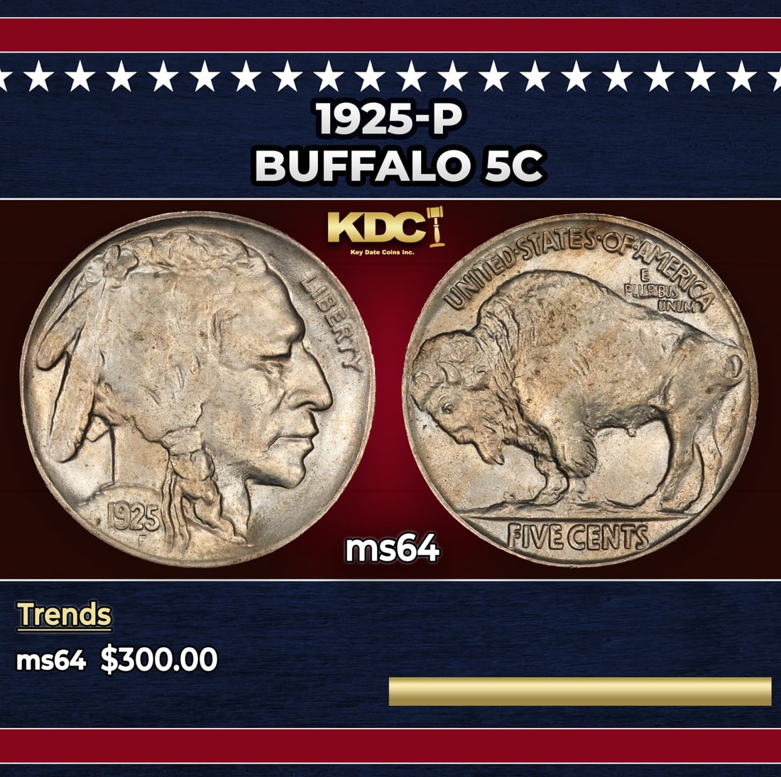 1925-p Buffalo Nickel 5c Grades ms64: 1925-p Buffalo Nickel 5c Grades ms64. Historic precious metal trends is causing increased spot pricing by the day. On auctions with set openings, we are doing our best to have items priced at their ma