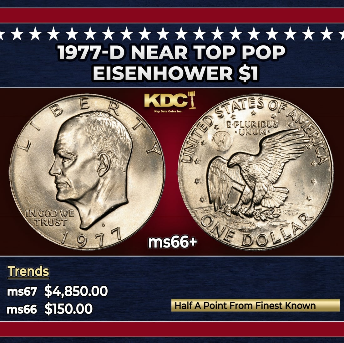 1977-d Eisenhower Dollar Near Top Pop $1 ms66+ SEGS: 1977-d Near Top Pop Eisenhower Dollar $1 ms66+ SEGS. Historic precious metal trends is causing increased spot pricing by the day. On auctions with set openings, we are doing our best to have items pri