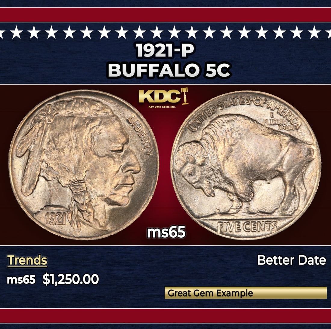 1921-p Buffalo Nickel 5c ms65 SEGS: 1921-p Buffalo Nickel 5c ms65 SEGS. Historic precious metal trends is causing increased spot pricing by the day. On auctions with set openings, we are doing our best to have items priced at their mark