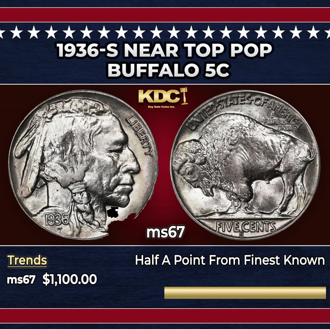 1936-s Buffalo Nickel Near Top Pop 5c ms67 SEGS: 1936-s Near Top Pop Buffalo Nickel 5c ms67 SEGS. Historic precious metal trends is causing increased spot pricing by the day. On auctions with set openings, we are doing our best to have items priced 