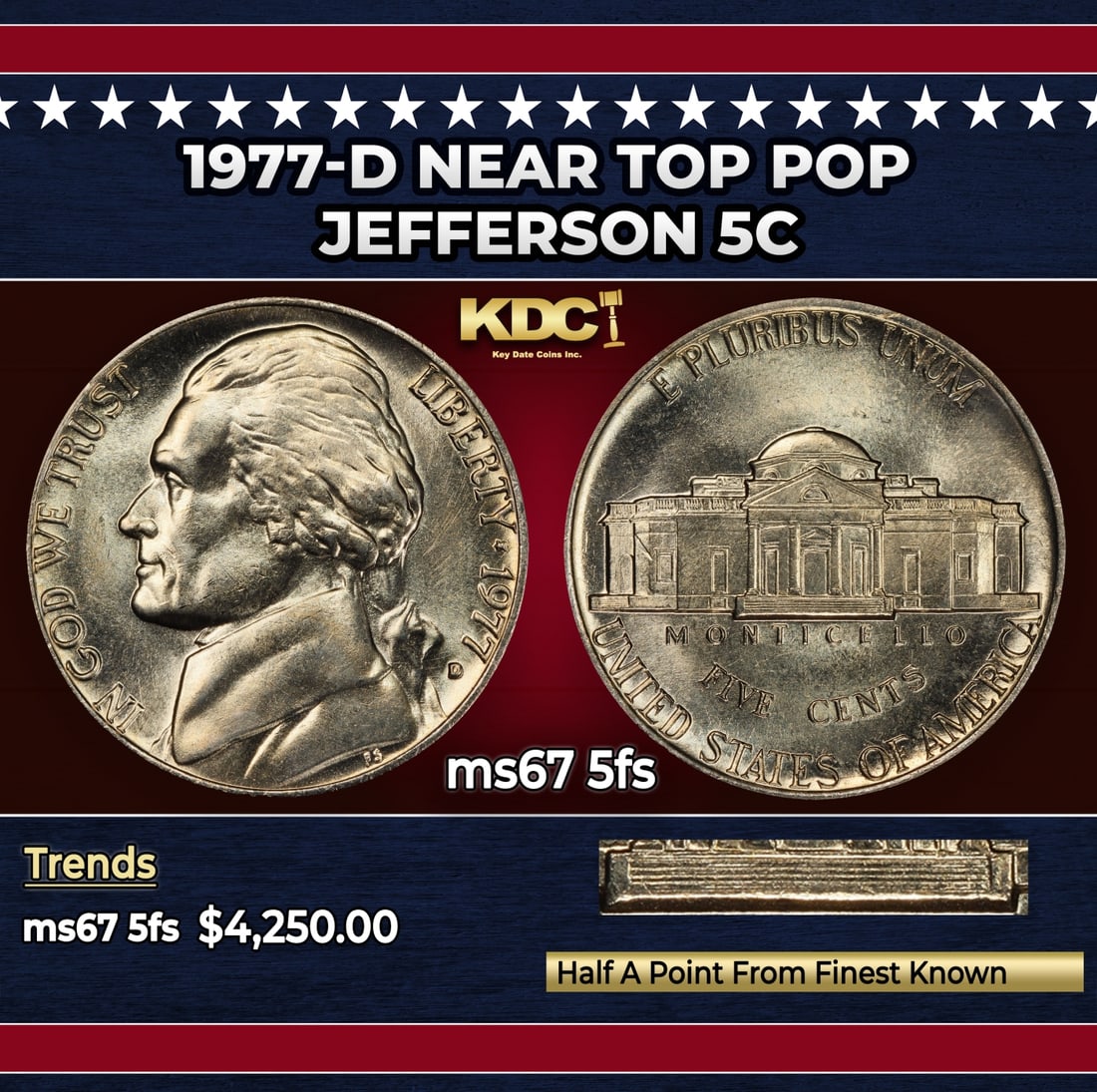 1977-d Jefferson Nickel Near Top Pop 5c ms67 5fs SEGS (1 of 4)