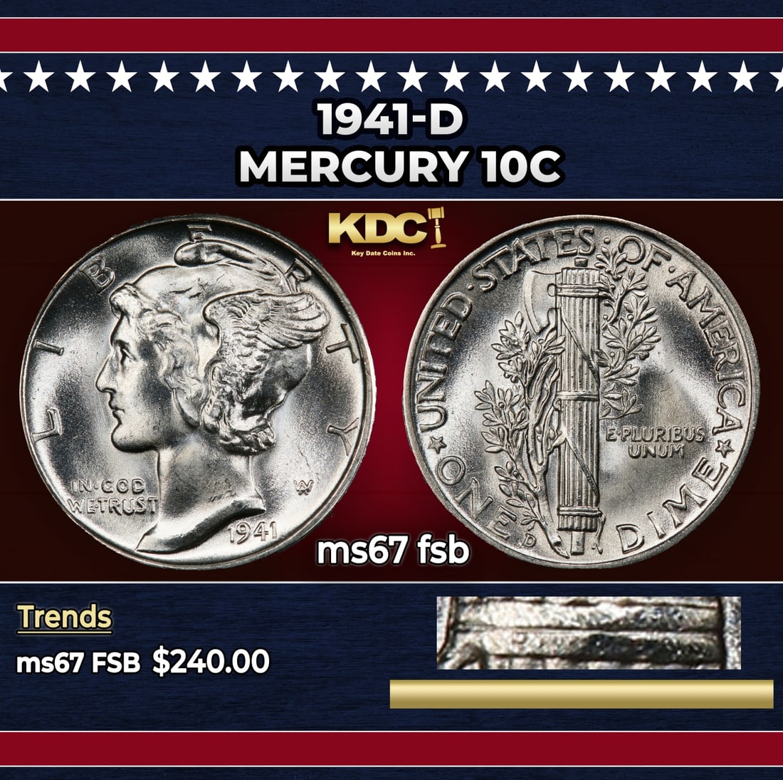 1941-d Mercury Dime 10c ms67 fsb SEGS: 1941-d Mercury Dime 10c ms67 fsb SEGS. Historic precious metal trends is causing increased spot pricing by the day. On auctions with set openings, we are doing our best to have items priced at their m
