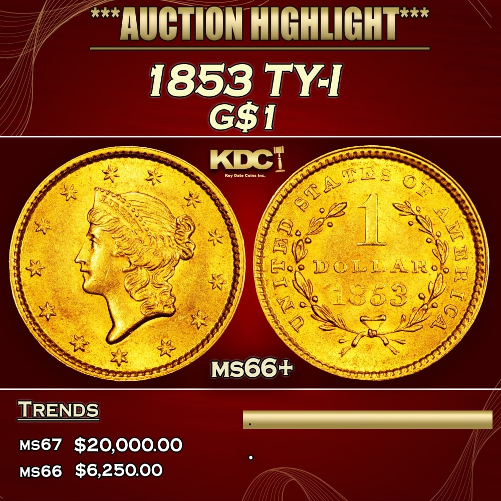 1853 Gold Dollar TY-I $1 ms66+ SEGS: 1853 TY-I Gold Dollar $1 ms66+ SEGS. 0