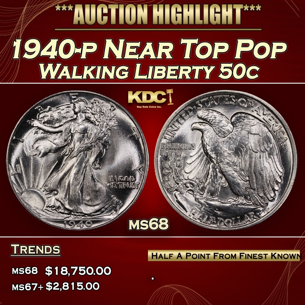1940-p Walking Liberty Half Dollar Near Top Pop 50c ms68 SEGS: 1940-p Near Top Pop Walking Liberty Half Dollar 50c ms68 SEGS.