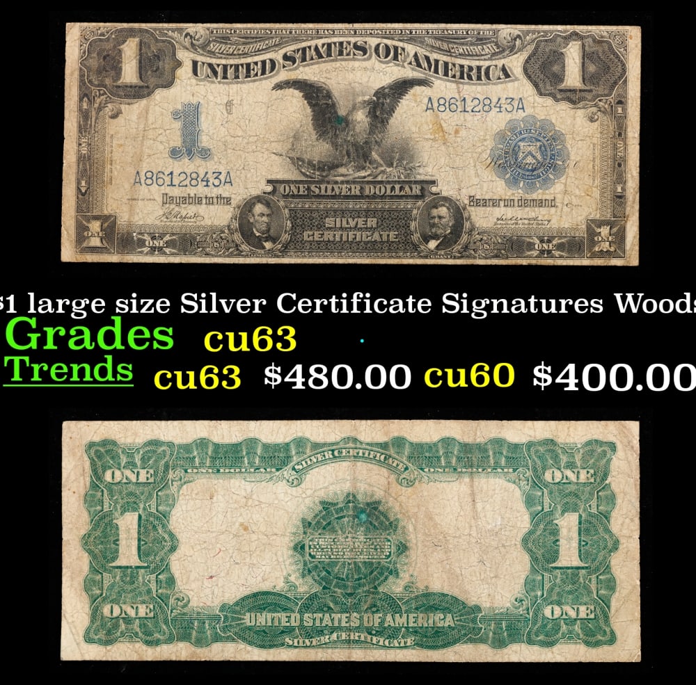 1899 $1 large size Silver Certificate "Black Eagle" Date Right Of Serial Grades vf+ Signatures: 1899 $1 large size Silver Certificate "Black Eagle" Date Right Of Serial Grades vf+ Signatures Napier/McClung. FR-230 Ranked #16 in the 100 Greatest American Currency Notes, the Series 1899 Black Eagl