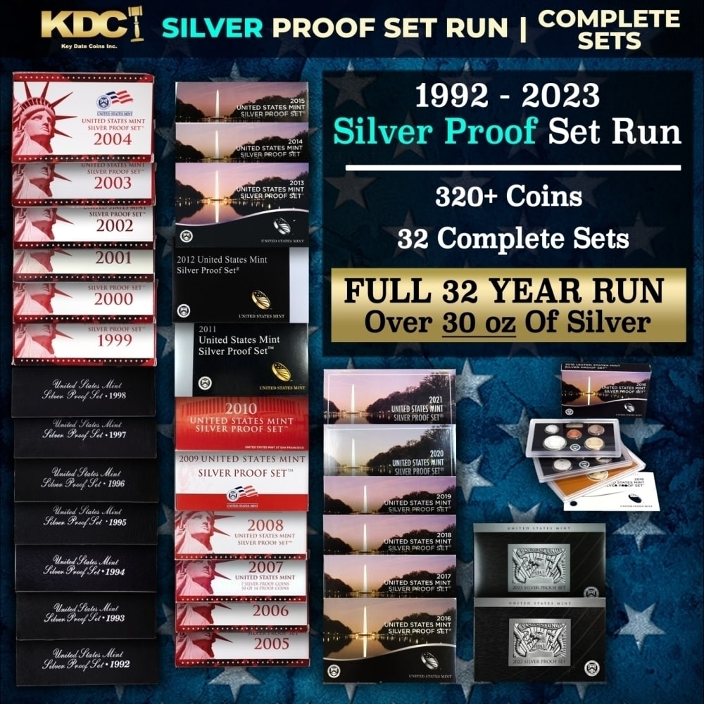 1992-2023 Full 32 Year Run of US Mint SILVER Proof Sets, 328 Coins Total, 32 Complete Sets Over 30oz: 1992-2023 Full 32 Year Run of US Mint SILVER Proof Sets, 328 Coins Total, 32 Complete Sets Over 30oz Of Silver WOW!. 1992-2021 30 Years of US Mint Silver Proof Sets, 308 Coins Total, 30 Complete Sets.