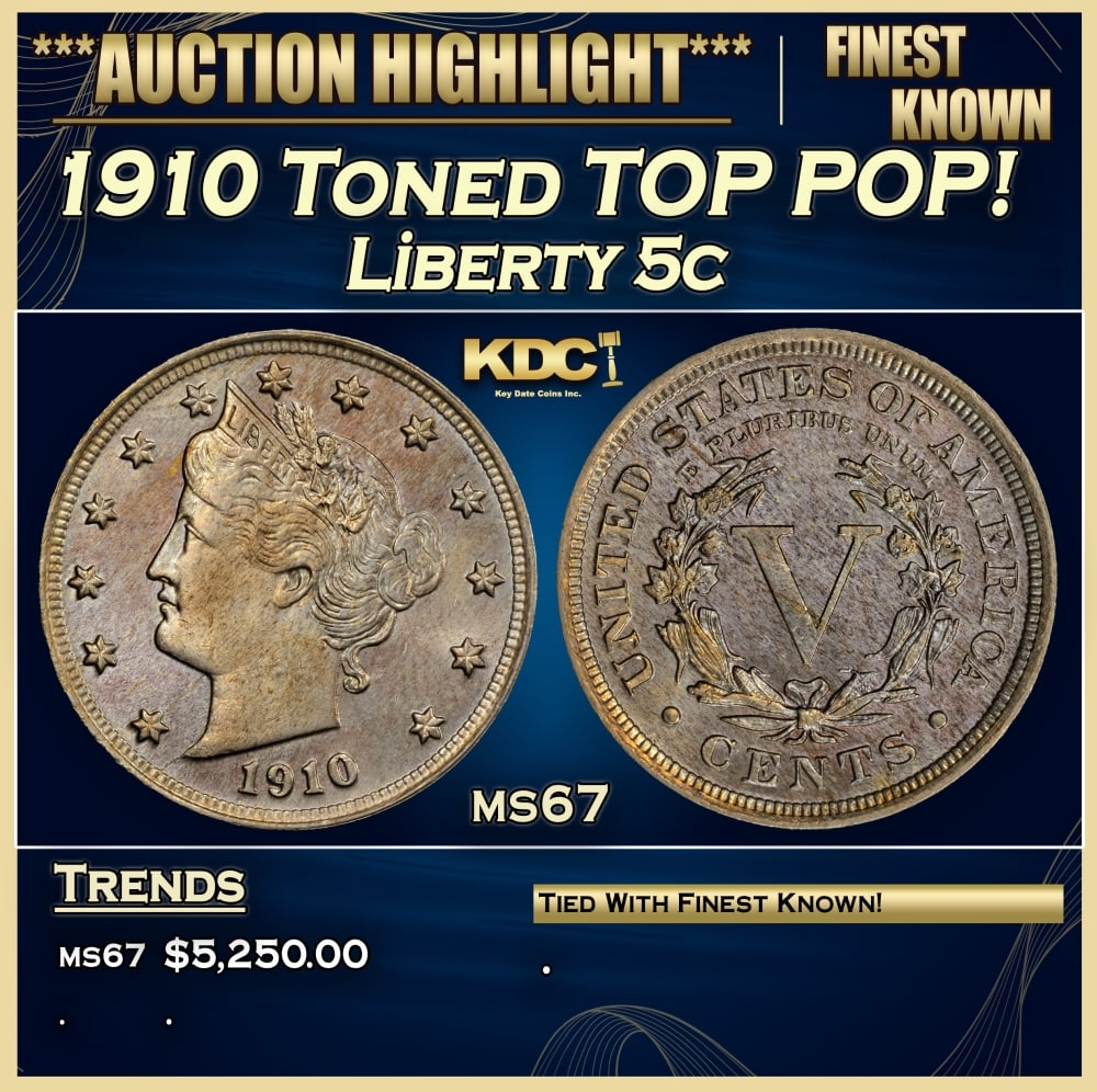 1910 Liberty Nickel Toned TOP POP! 5c ms67 SEGS: 1910 Toned TOP POP! Liberty Nickel 5c ms67 SEGS. 0