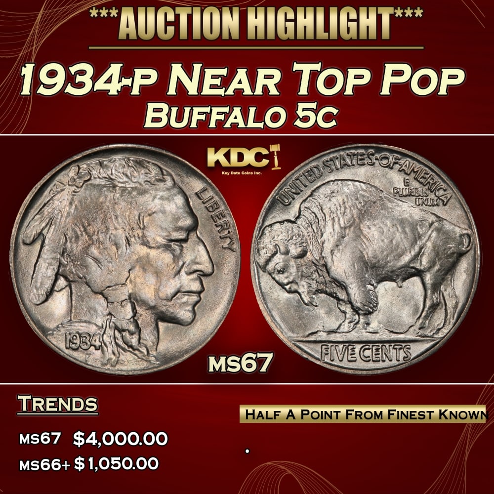 1934-p Buffalo Nickel Near Top Pop 5c ms67 SEGS: 1934-p Near Top Pop Buffalo Nickel 5c ms67 SEGS.