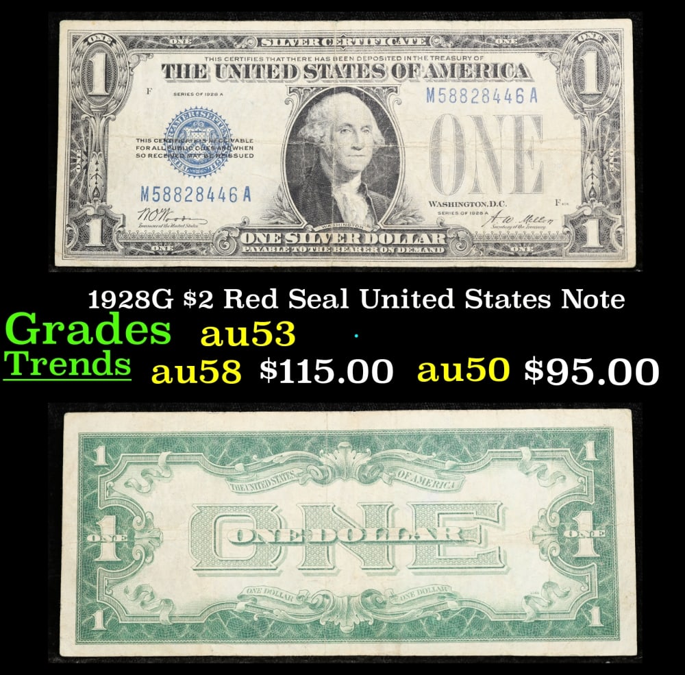 1928A $1 Blue Seal Silver Certificate "Funnyback" Grades vf+: 1928A $1 Blue Seal Silver Certificate "Funnyback" Grades vf+. FR-1601 Signatures Woods-Mellon These were the first notes to be called funnybacks. The reason they are called funnybacks is because of th