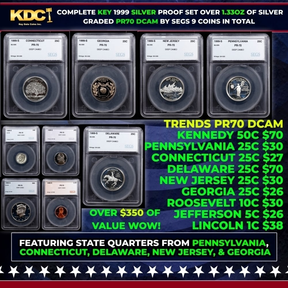 Rare 1999 US Silver Proof Set Graded pr70 DCAM By SEGS about 1.5 oz of pure silver KEY TO THE: Rare 1999 US Silver Proof Set Graded pr70 DCAM By SEGS about 1.5 oz of pure silver KEY TO THE SERIES!! 9 Coins.