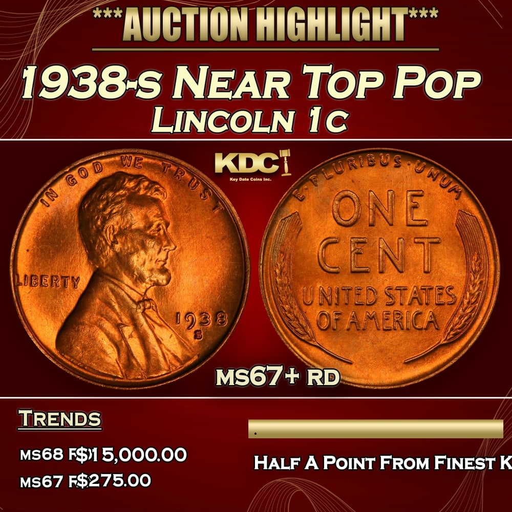 1938-s Lincoln Cent Near Top Pop 1c ms67+ rd SEGS: 1938-s Near Top Pop Lincoln Cent 1c ms67+ rd SEGS. 0