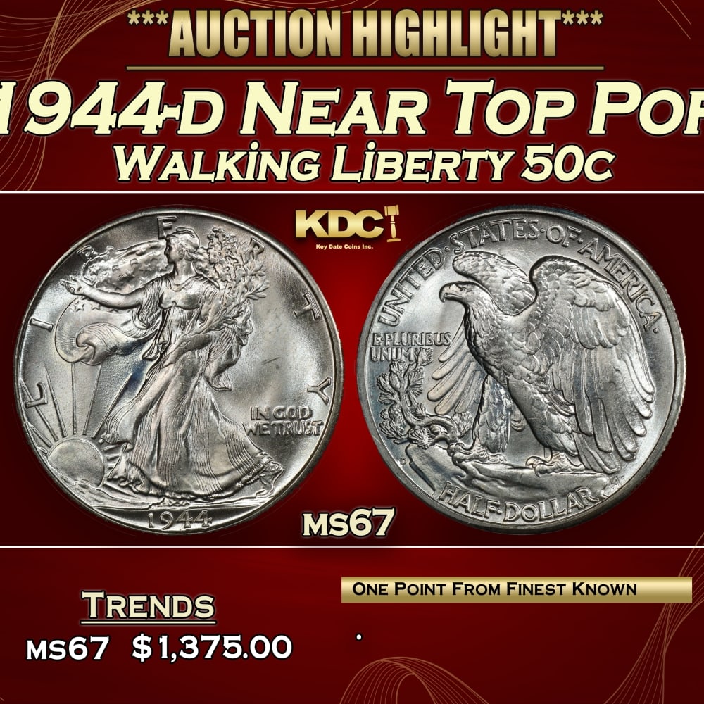 1944-d Walking Liberty Half Dollar Near Top Pop 50c ms67 SEGS: 1944-d Near Top Pop Walking Liberty Half Dollar 50c ms67 SEGS.
