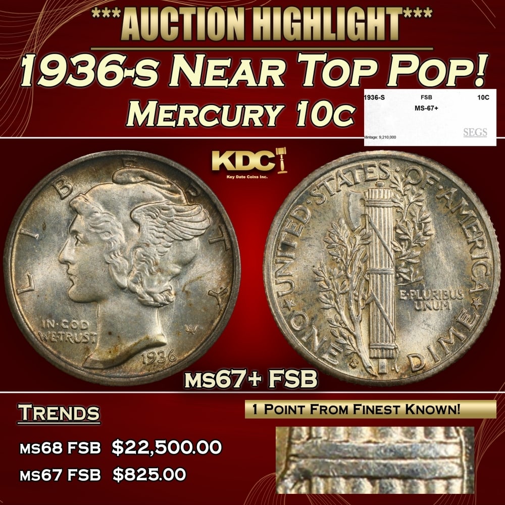 1936-s Mercury Dime Near Top Pop! 10c ms67+ FSB SEGS: 1936-s Near Top Pop! Mercury Dime 10c ms67+ FSB SEGS. 0