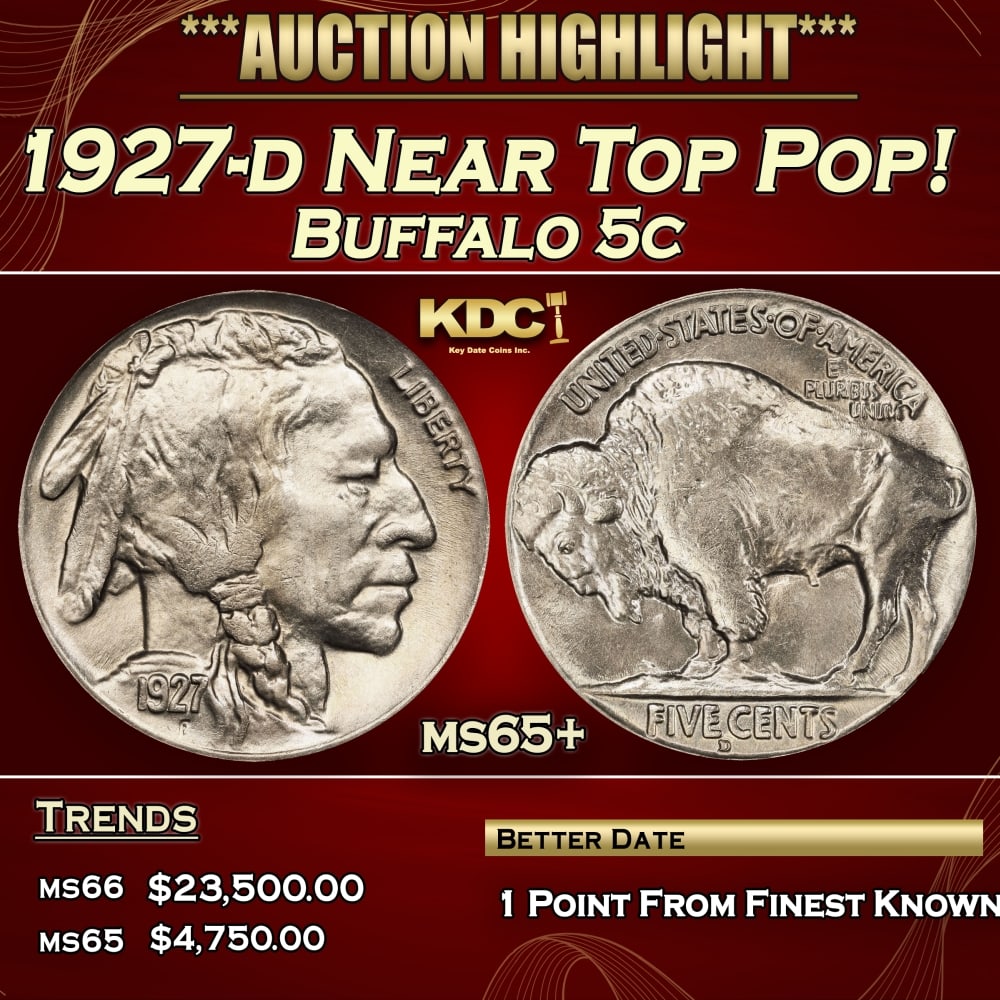 1927-d Buffalo Nickel Near Top Pop! 5c ms65+ SEGS: 1927-d Near Top Pop! Buffalo Nickel 5c ms65+ SEGS.