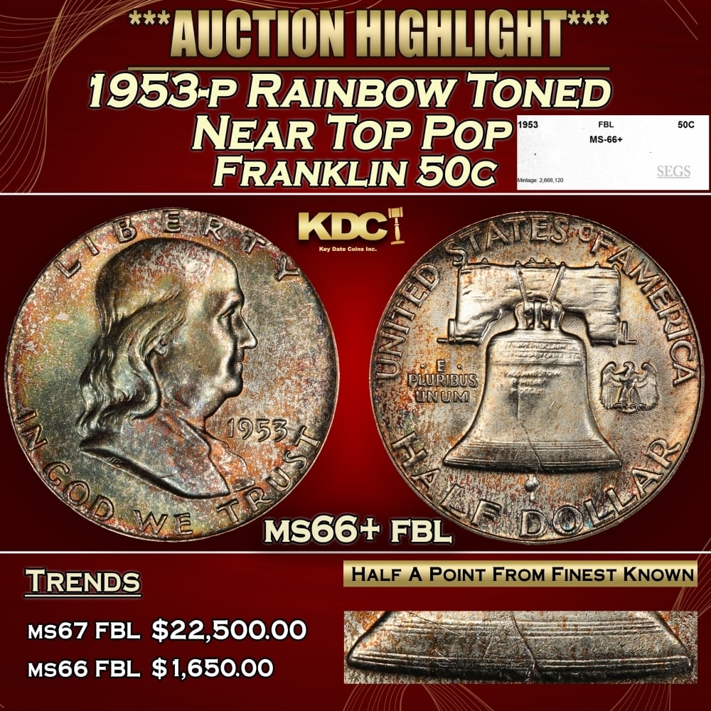 1953-p Franklin Half Dollar Rainbow Toned Near Top Pop 50c ms66+ fbl SEGS: 1953-p Rainbow Toned Near Top Pop Franklin Half Dollar 50c ms66+ fbl SEGS. 0