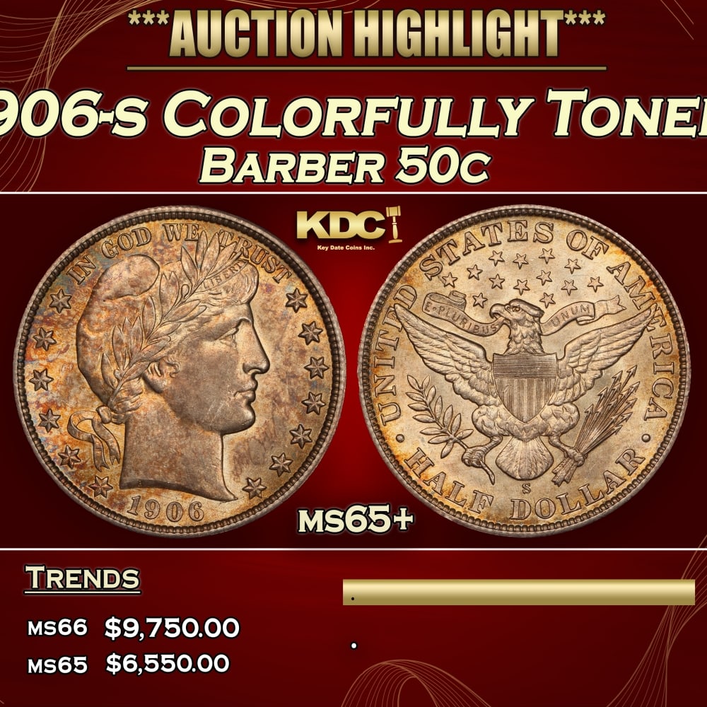 1906-s Barber Half Dollars Colorfully Toned 50c ms65+ SEGS (1 of 3)
