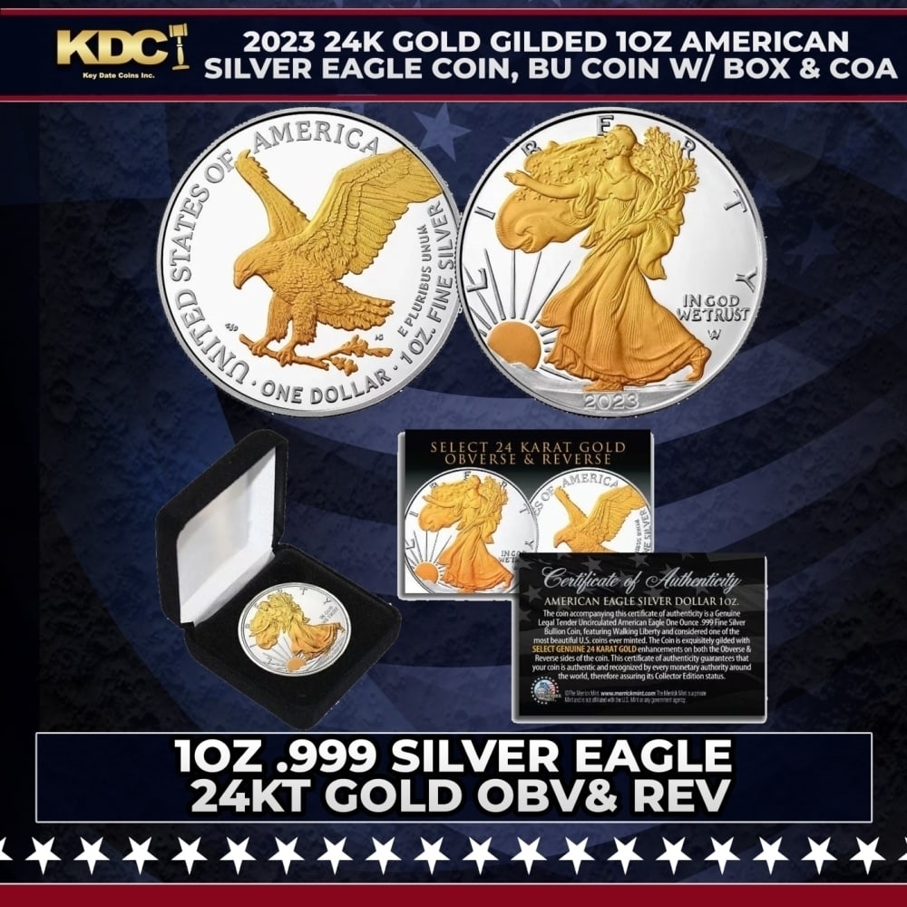 2023 24K Gold Gilded 1oz American Silver Eagle Coin, BU Coin w/ Box & COA Other Toy: 2023 24K Gold Gilded 1oz American Silver Eagle Coin, BU Coin w/ Box & COA. Seize this opportunity to acquire this Gold Gilded 2023 American Silver Eagle Dollar U.S. Coin. To enhance the original desig