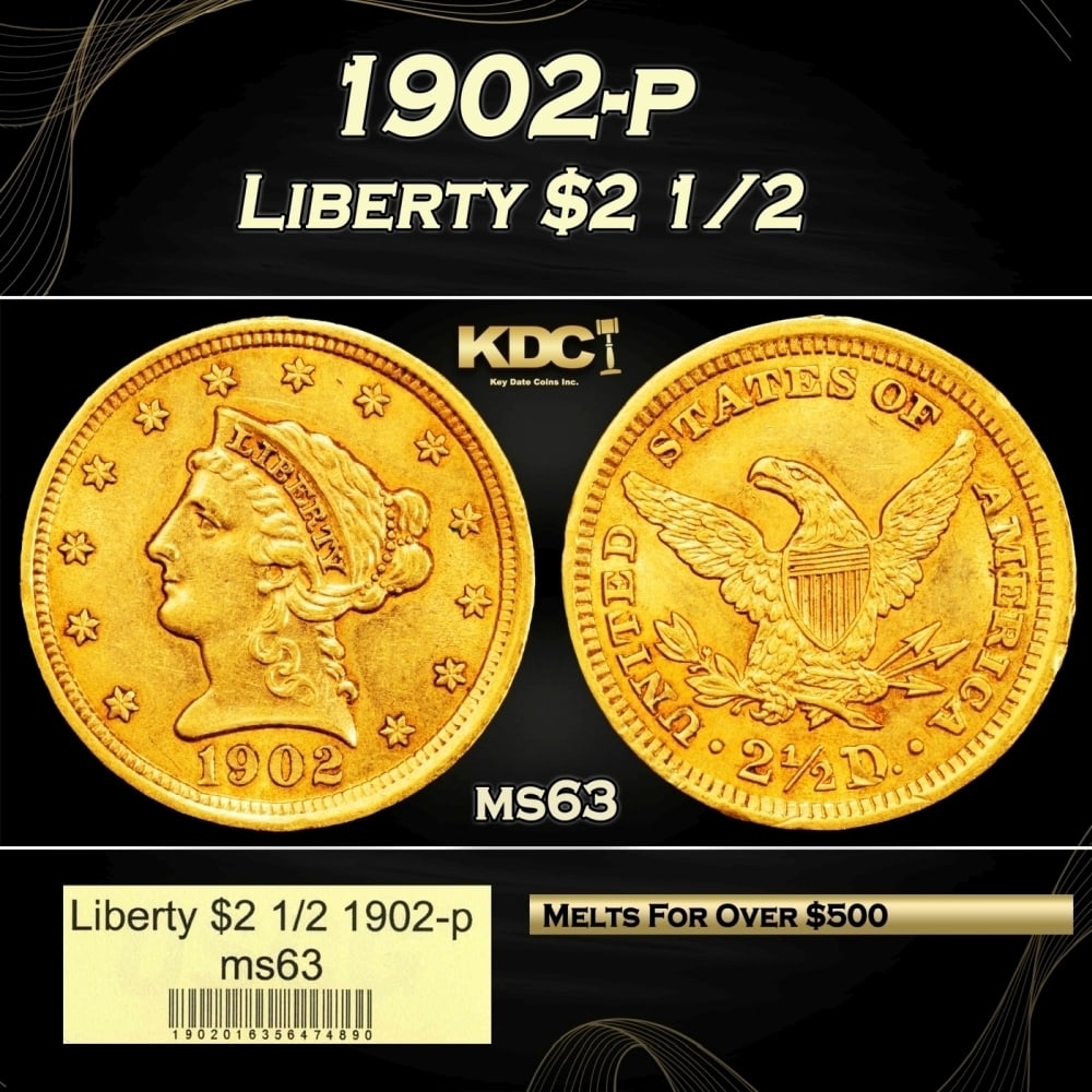 1902-p Gold Liberty Quarter Eagle $2 1/2 ms63 USCG: 1902-p Gold Liberty Quarter Eagle $2 1/2 ms63 USCG. 0 Historic precious metal trends is causing increased spot pricing by the day. On auctions with set openings, we are doing our best to have items pr