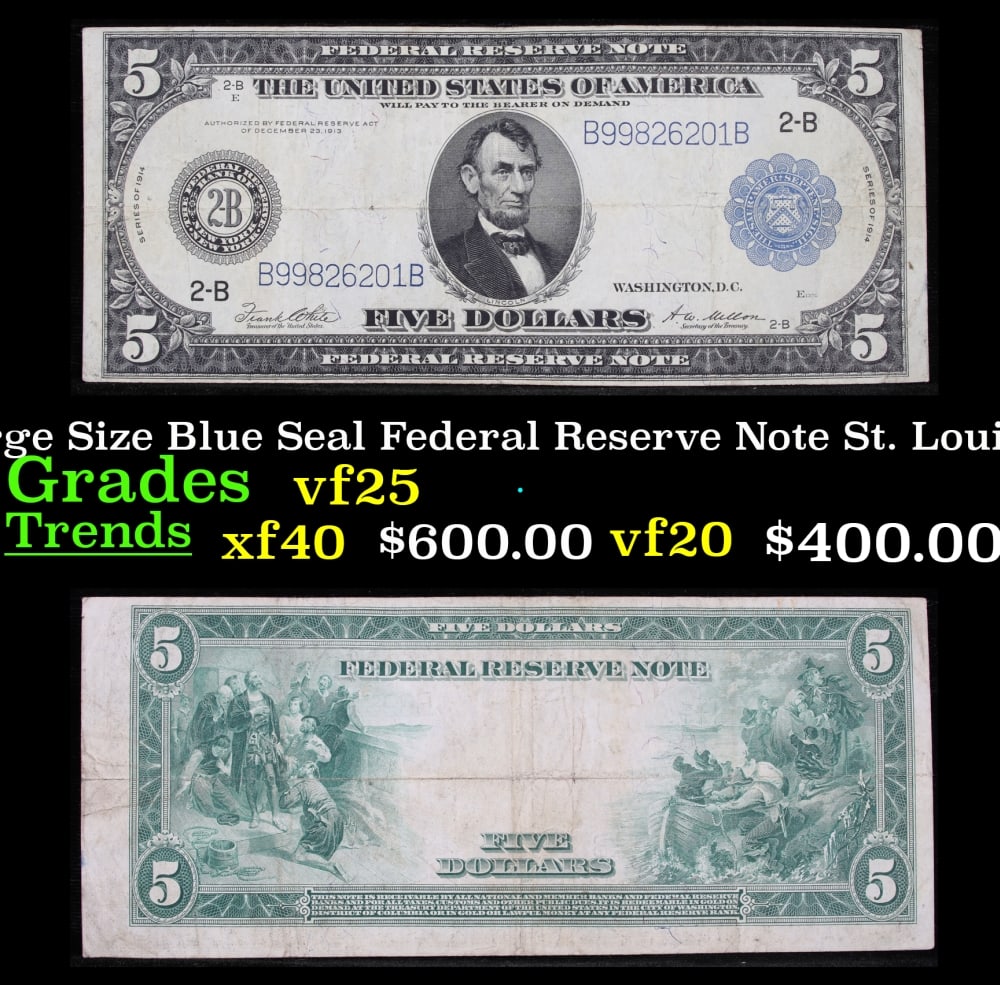 1914 $5 Large Size Blue Seal Federal Reserve Note New York, NY Grades xf FR-848 (1 of 3)
