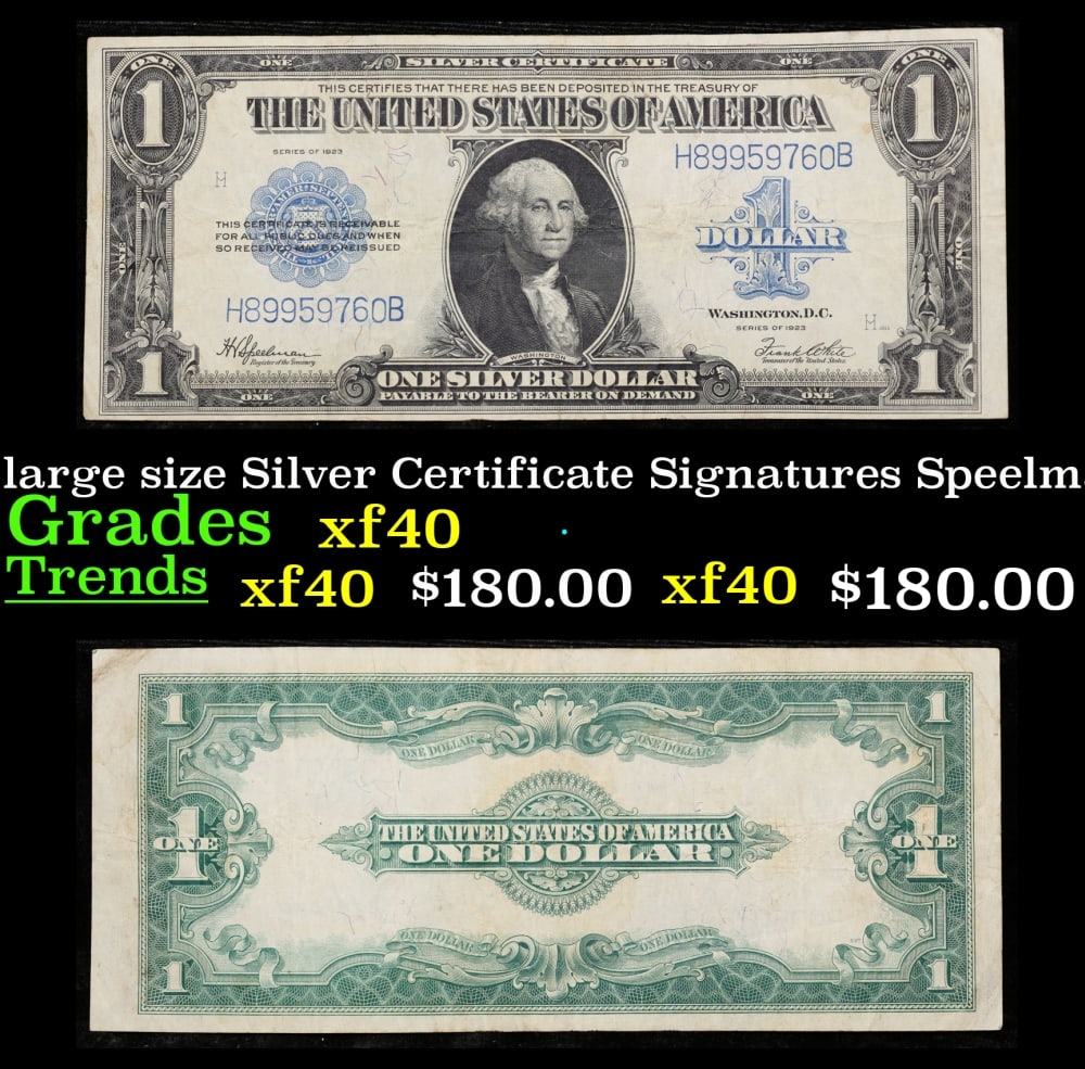 1923 $1 large size Silver Certificate Grades Select AU Signatures Speelman/White: 1923 $1 large size Silver Certificate Grades Select AU Signatures Speelman/White. Fr-237 The term “horse blanket” gets used a lot when talking about large size currency. It is most frequently 