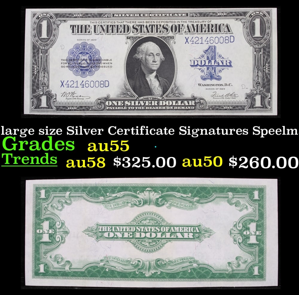 1923 $1 large size Silver Certificate Grades Select CU Signatures Woods/White: 1923 $1 large size Silver Certificate Grades Select CU Signatures Woods/White. Fr-238 The term “horse blanket” gets used a lot when talking about large size currency. It is most frequently use