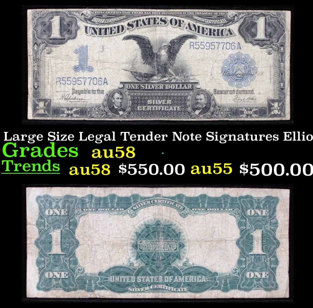 1899 $1 large size Silver Certificate "Black Eagle" Grades vf+ Signatures Speelman/White: 1899 $1 large size Silver Certificate "Black Eagle" Grades vf+ Signatures Speelman/White. FR-236 Ranked #16 in the 100 Greatest American Currency Notes, the Series 1899 Black Eagle note is from an era