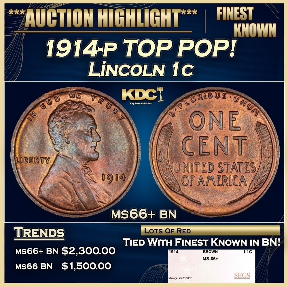 1914-p Lincoln Cent TOP POP! 1c ms66+ bn SEGS: 1914-p TOP POP! Lincoln Cent 1c ms66+ bn SEGS. 0