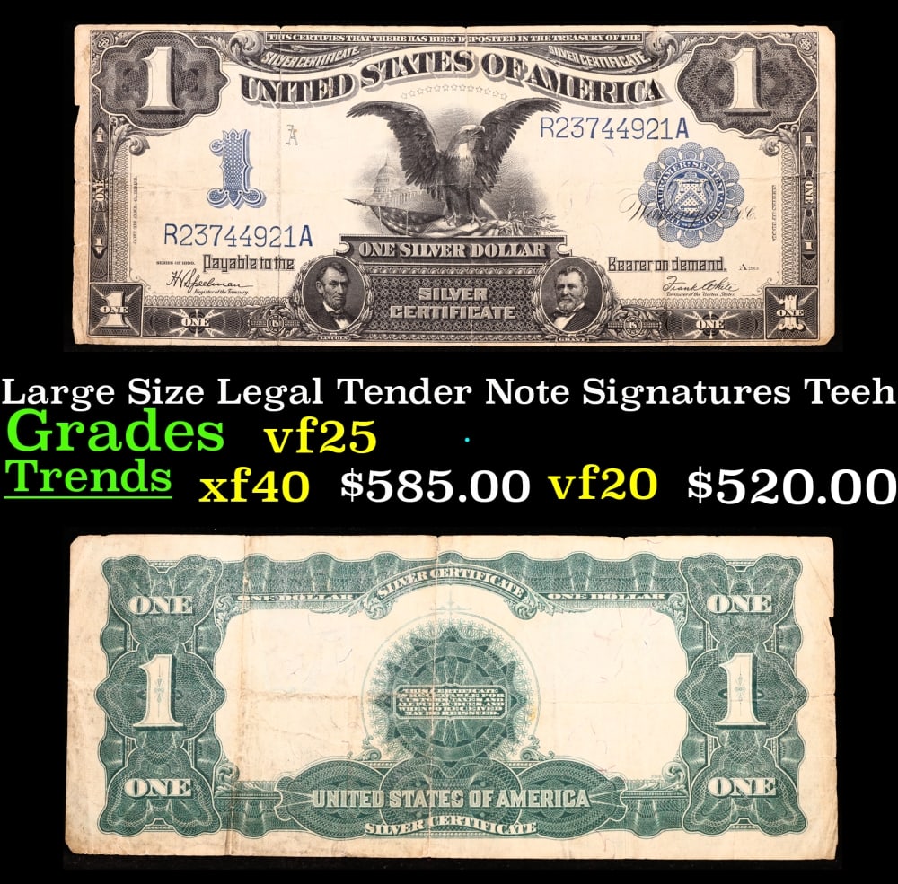 1899 $1 large size Silver Certificate "Black Eagle" Grades xf Signatures Speelman/White: 1899 $1 large size Silver Certificate "Black Eagle" Grades xf Signatures Speelman/White. FR-236 Ranked #16 in the 100 Greatest American Currency Notes, the Series 1899 Black Eagle note is from an era 