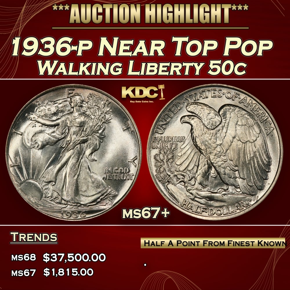 1936-p Walking Liberty Half Dollar Near Top Pop 50c ms67+ SEGS: 1936-p Near Top Pop Walking Liberty Half Dollar 50c ms67+ SEGS.