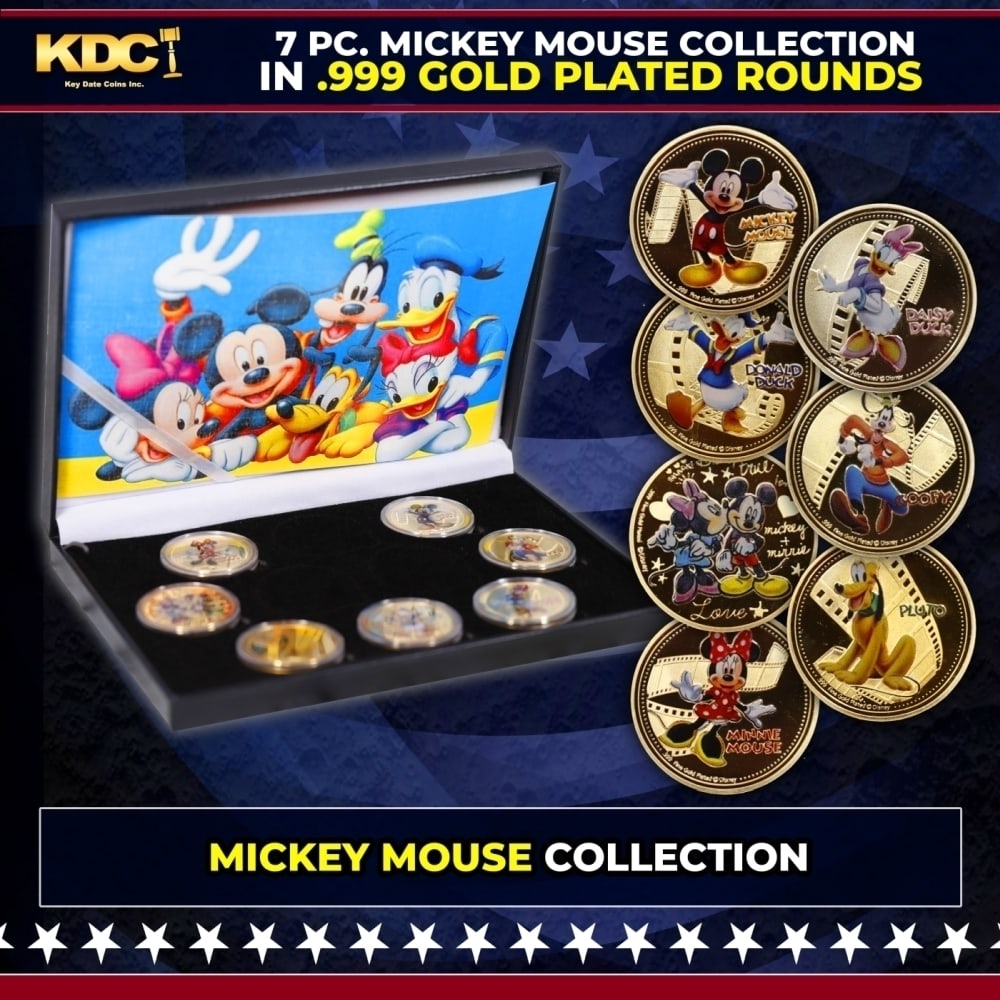 7 Coin Mickey Mouse & Friends Gold Plated Round Collection: 7 Coin Mickey Mouse & Friends Gold Plated Round Collection. Please Note All Backer Cards may have slight differences but will be very similar if not identical to the one in the photo