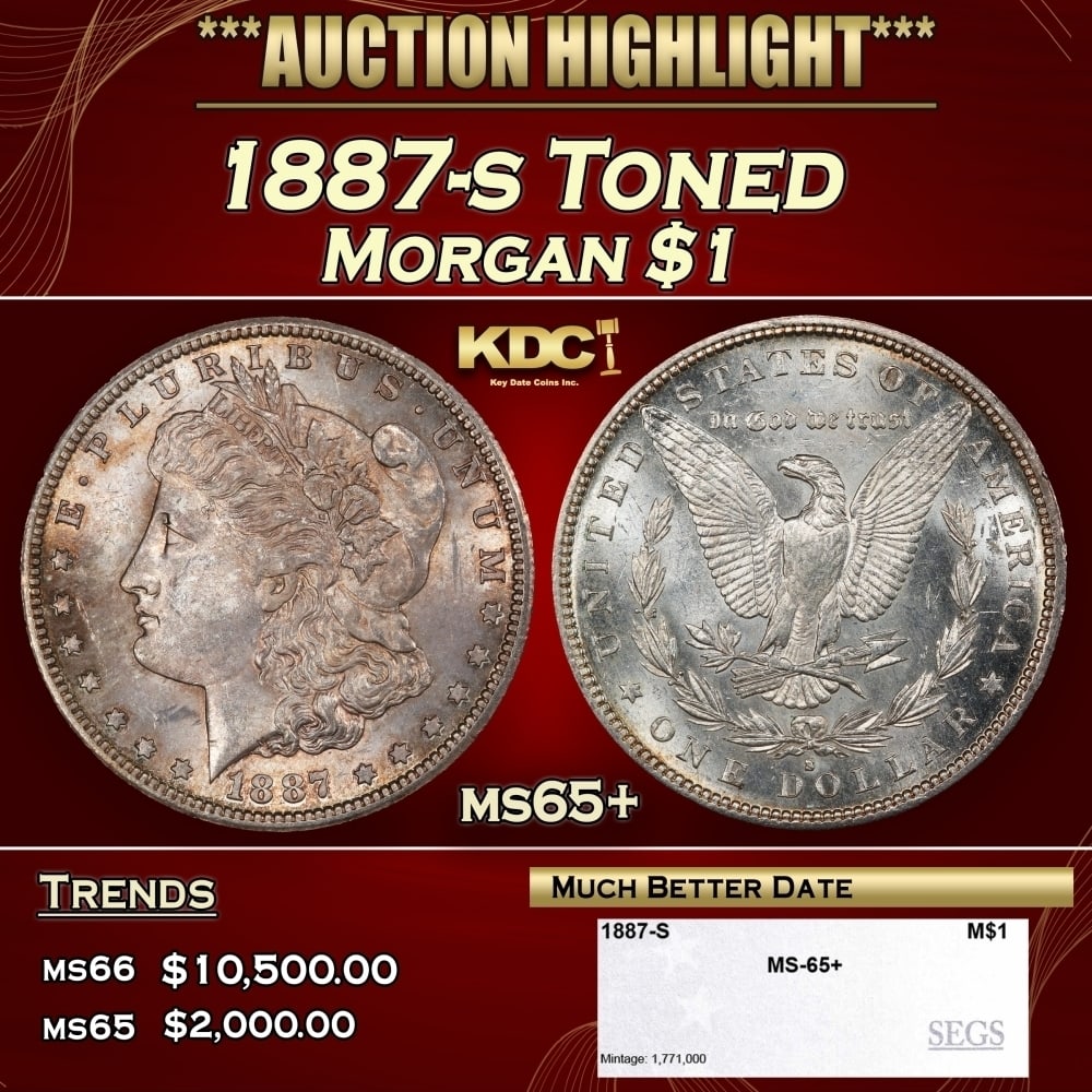 1887-s Morgan Dollar Toned $1 ms65+ SEGS: 1887-s Toned Morgan Dollar $1 ms65+ SEGS. 0