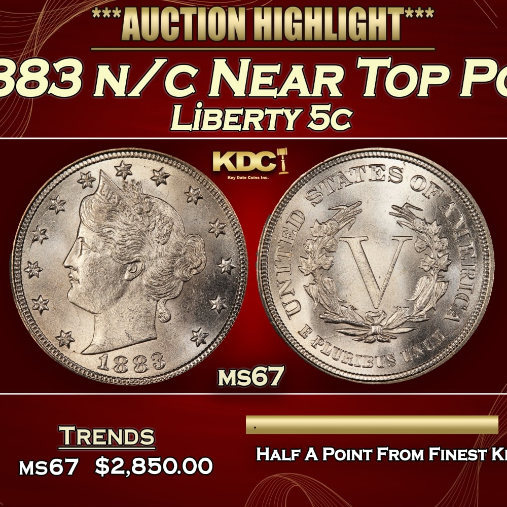 1883 n/c Liberty Nickel Near Top Pop 5c ms67 SEGS: 1883 n/c Near Top Pop Liberty Nickel 5c ms67 SEGS. 0