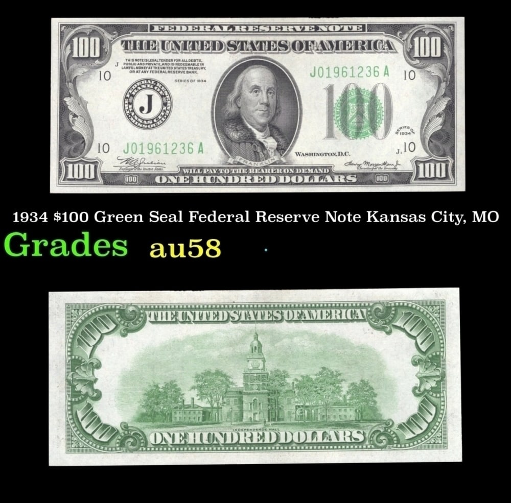 1934 $100 Green Seal Federal Reserve Note Kansas City, MO Grades Choice AU/BU Slider: 1934 Kansas City, MO $100 Green Seal Federal Reserve Note Grades Choice AU/BU Slider.