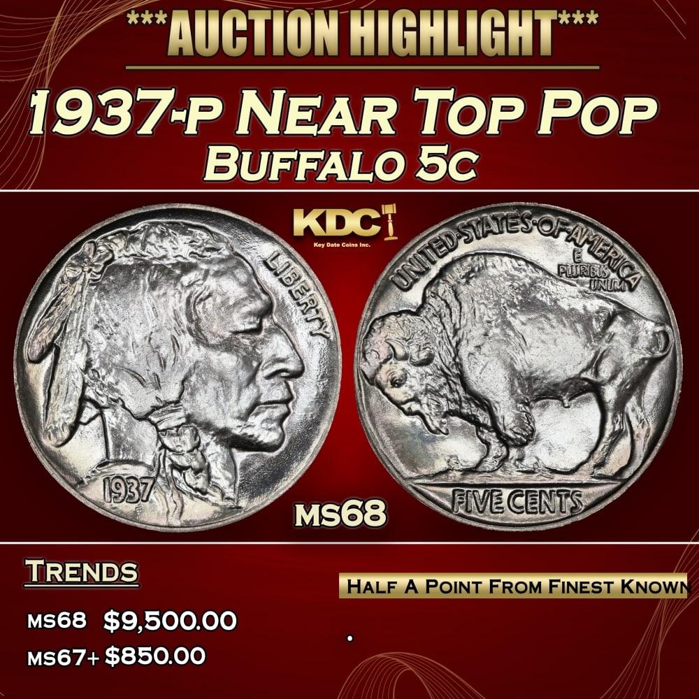 1937-p Buffalo Nickel Near Top Pop 5c ms68 SEGS: 1937-p Near Top Pop Buffalo Nickel 5c ms68 SEGS. 0