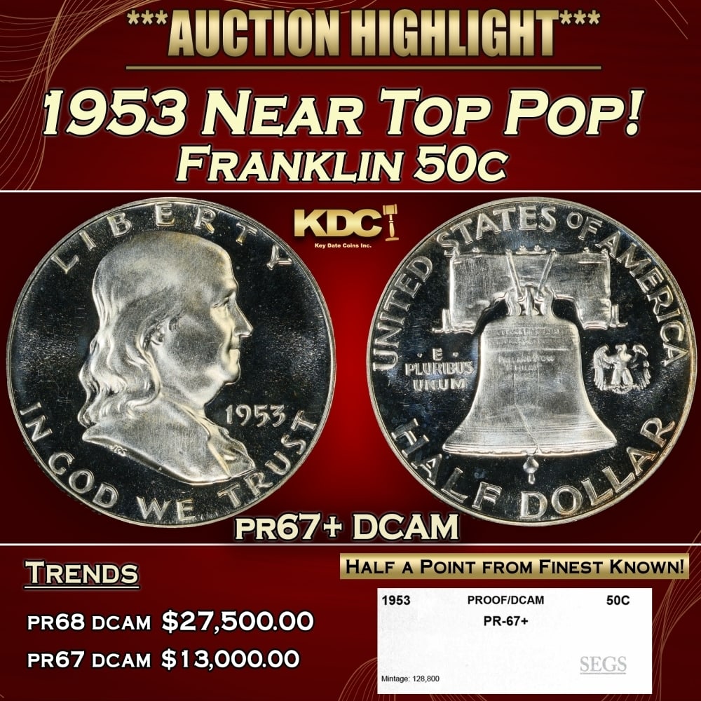 1953 Proof Franklin Half Dollar Near Top Pop! 50c pr67+ DCAM SEGS: 1953 Near Top Pop! Franklin Half Dollar 50c pr67+ DCAM SEGS. 0
