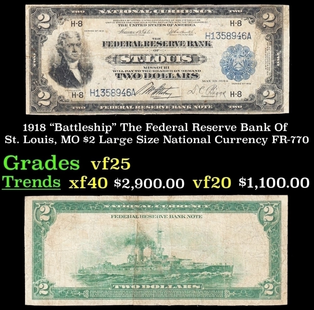 1918 FR-770 $2 Large Size National Currency Grades vf+: 1918 FR-770 $2 Large Size National Currency Grades vf+.