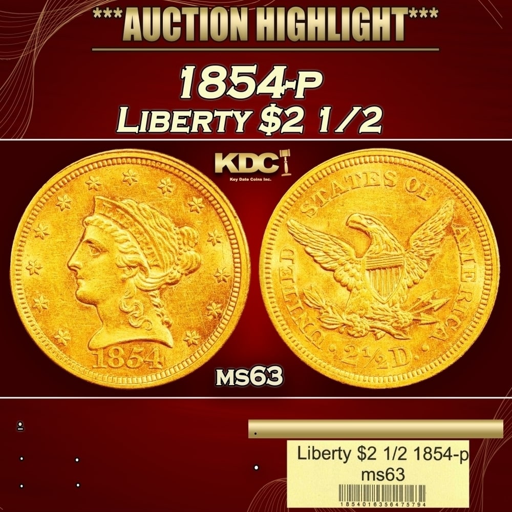 1854-p Gold Liberty Quarter Eagle $2 1/2 ms63 USCG: 1854-p Gold Liberty Quarter Eagle $2 1/2 ms63 USCG. 0