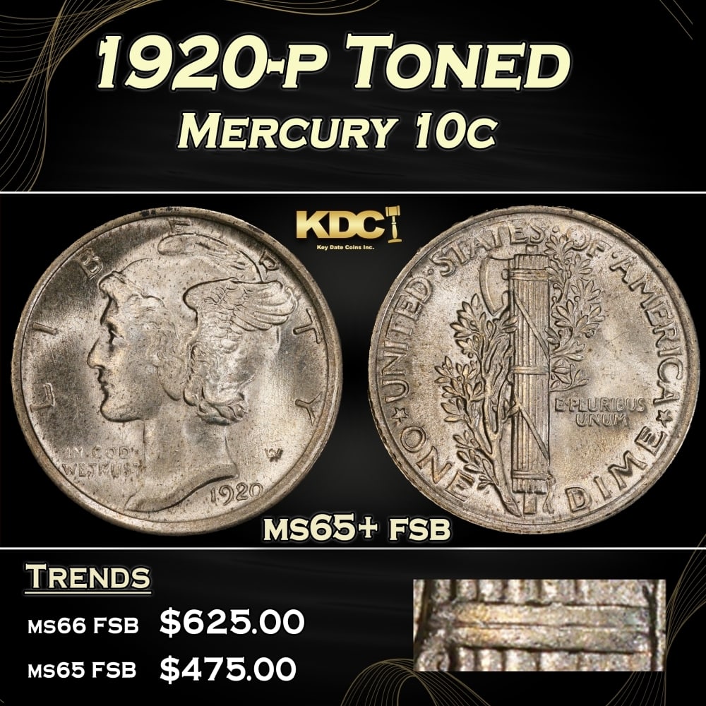 1920-p Mercury Dime Toned 10c Grades ms65+ fsb (1 of 4)