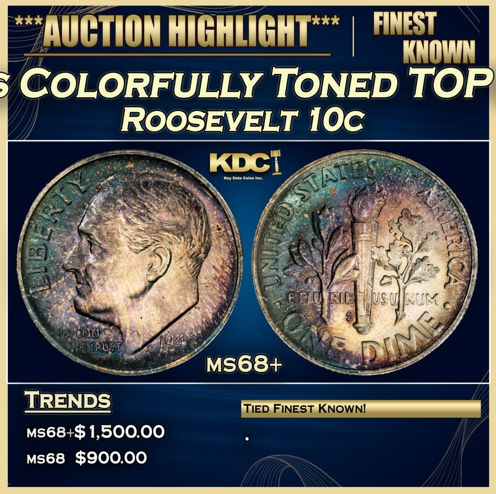 1947-s Roosevelt Dime Colorfully Toned TOP POP! 10c ms68+ SEGS: 1947-s Colorfully Toned TOP POP! Roosevelt Dime 10c ms68+ SEGS. 0