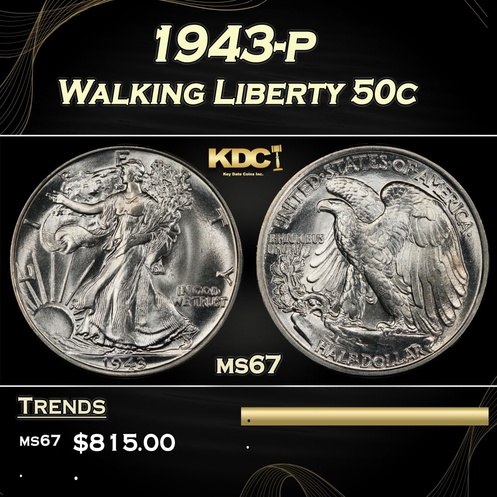 1943-p Walking Liberty Half Dollar 50c ms67 SEGS: 1943-p Walking Liberty Half Dollar 50c ms67 SEGS.