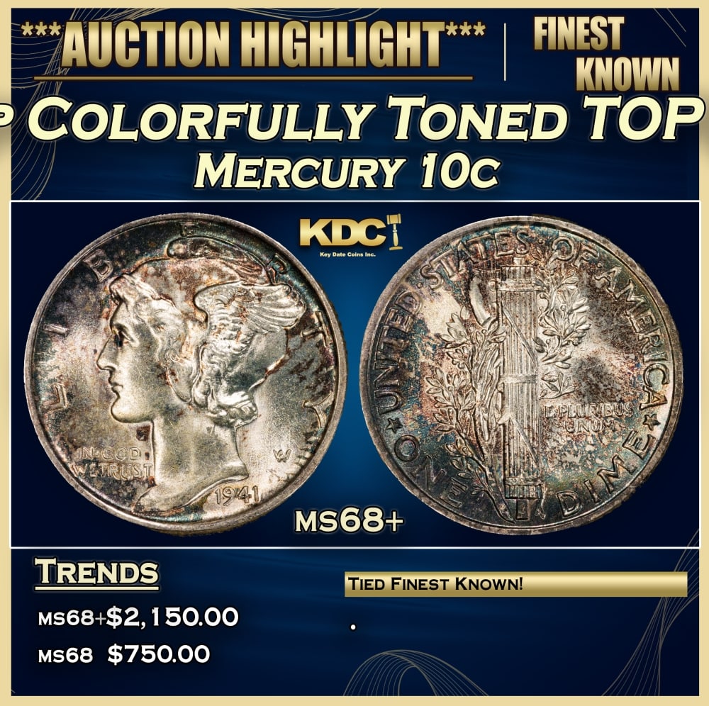 1941-p Mercury Dime Colorfully Toned TOP POP! 10c ms68+ SEGS: 1941-p Colorfully Toned TOP POP! Mercury Dime 10c ms68+ SEGS. 0