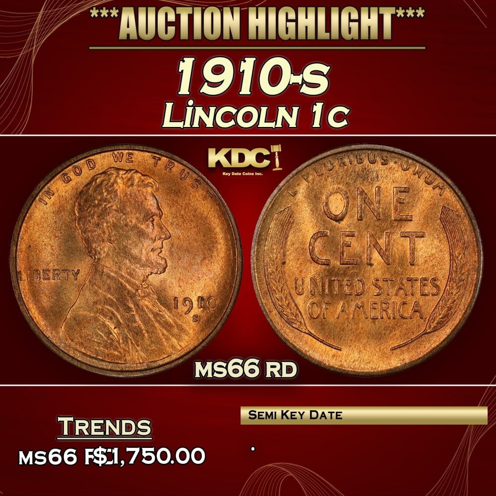 1910-s Lincoln Cent 1c ms66 rd SEGS: 1910-s Lincoln Cent 1c ms66 rd SEGS. Semi Key Date. Per David Hall of PCGS "The 1910-s has long been considered a semi-key date in circulated grades" 0