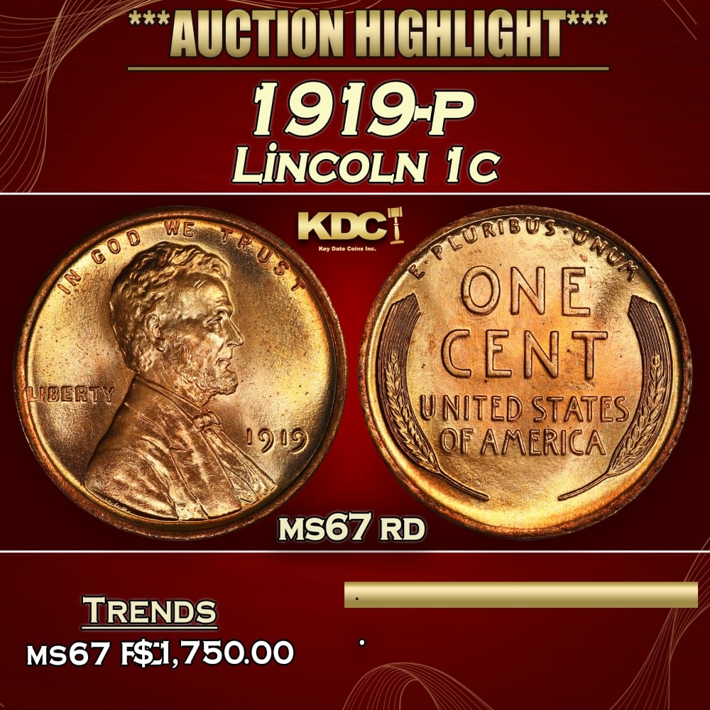 1919-p Lincoln Cent 1c ms67 rd SEGS (1 of 3)