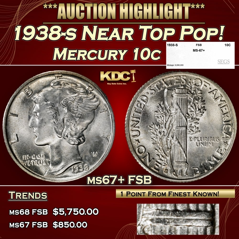 1938-s Mercury Dime Near Top Pop! 10c ms67+ FSB SEGS (1 of 5)