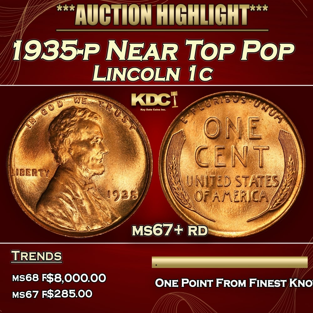 1935-p Lincoln Cent Near Top Pop 1c ms67+ rd SEGS: 1935-p Near Top Pop Lincoln Cent 1c ms67+ rd SEGS. 0