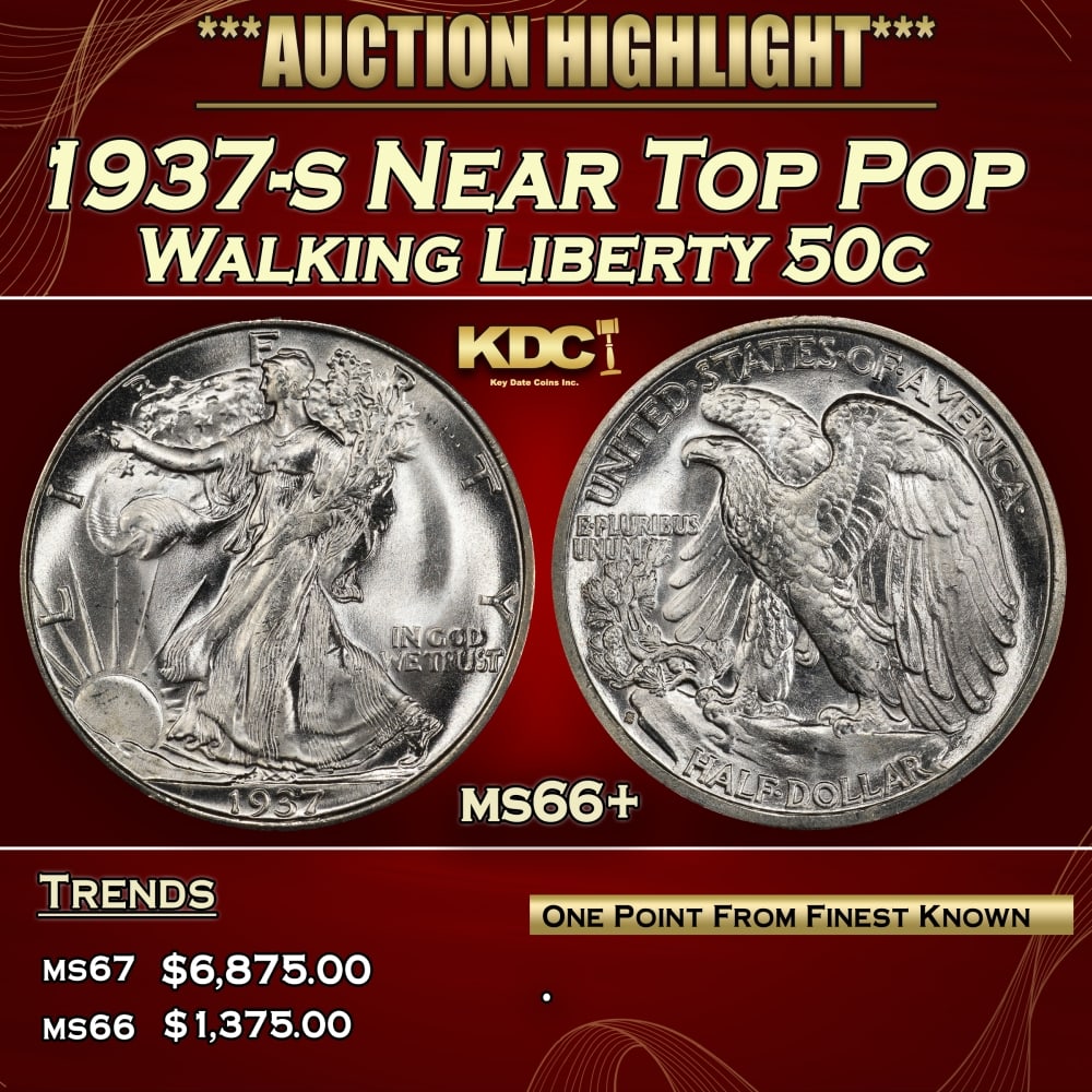 1937-s Walking Liberty Half Dollar Near Top Pop 50c ms66+ SEGS: 1937-s Near Top Pop Walking Liberty Half Dollar 50c ms66+ SEGS.